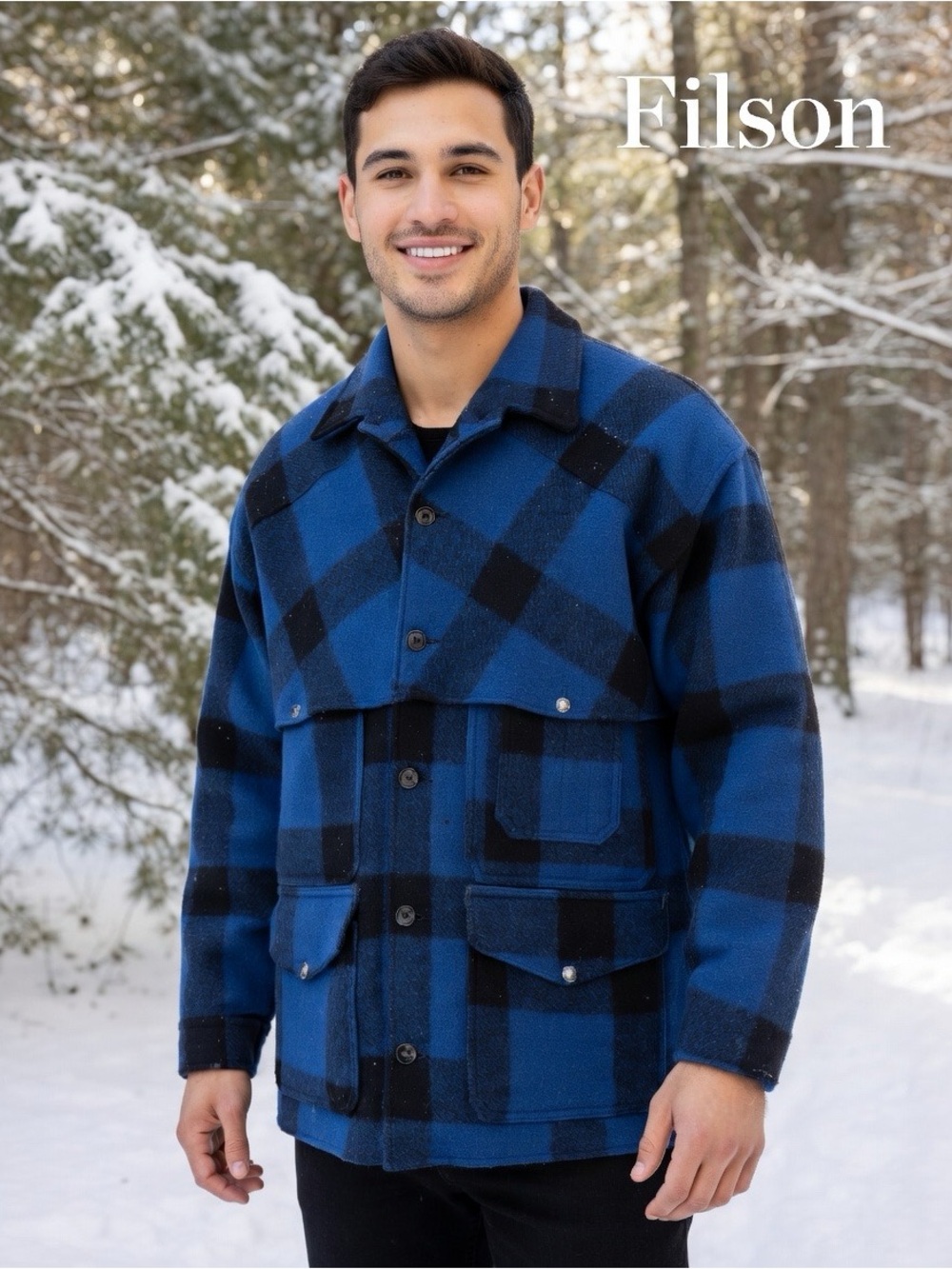 Filson Double Mackinaw Cruiser Blue Black Buffalo Plaid Coat Rare VTG